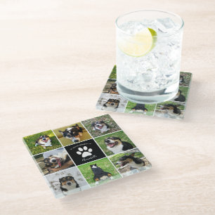 Pet Memorial Custom Dog Photo Collage Paw Print Glass Coaster