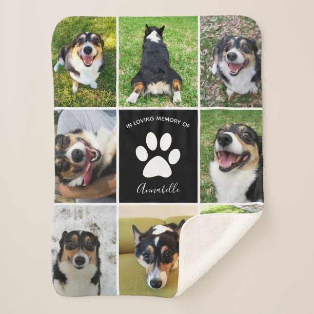 Pet Memorial Custom Dog Photo Collage Paw Print Sherpa Blanket (Front)