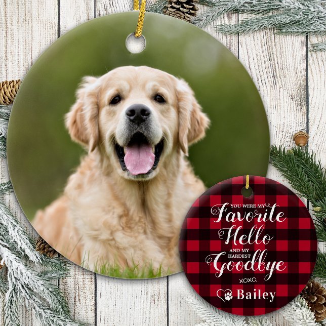 Pet Memorial Dog Photo Red Buffalo Plaid Pet Loss  Ceramic Ornament (Creator Uploaded)