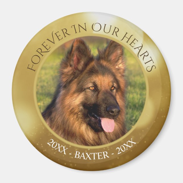 Pet Memorial FOREVER IN OUR HEARTS Photo Gold Magnet (Front)