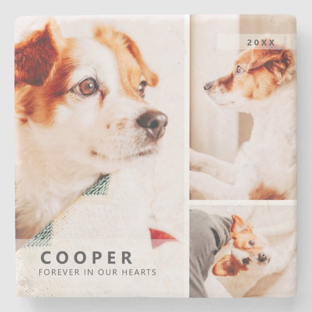 Pet Memorial Modern Simple Geometric Photo Collage Stone Coaster (Front)