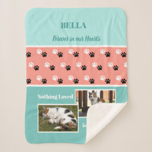 Pet memorial paw print coral turquoise name photos sherpa blanket