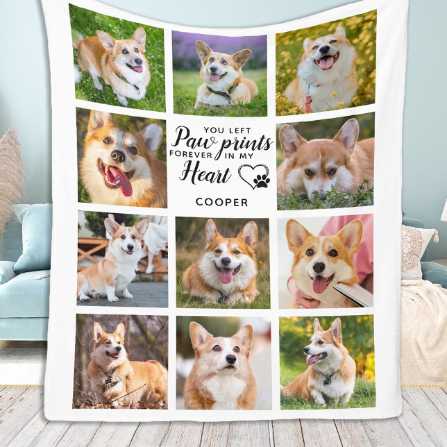 Pet Memorial Paw Prints Personalized Photo Collage Fleece Blanket (Creator Uploaded)