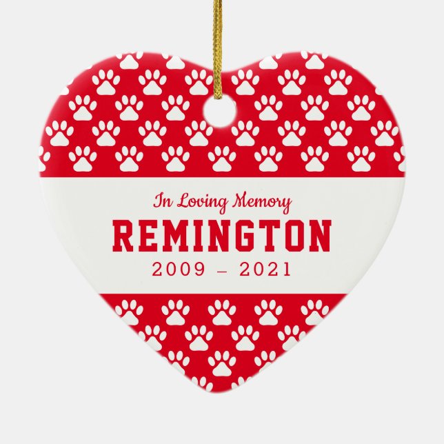 Pet Memorial Paws Bright Red Full Photo Ceramic Ornament (Back)