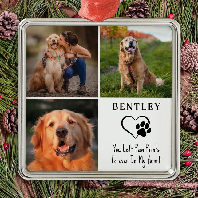 Pet Memorial Personalized 3 Photos Paw Prints Dog Metal Ornament (Creator Uploaded)