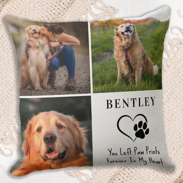 Pet Memorial Personalized 3 Photos Paw Prints Dog Throw Pillow (Creator Uploaded)