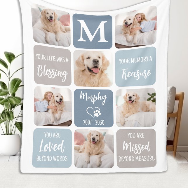 Pet Memorial Personalized 7 Photo Collage Dog Fleece Blanket (Creator Uploaded)