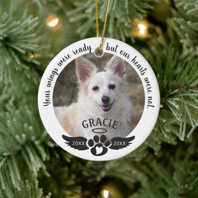 Pet Memorial Photo Pawprint Heart Custom Colours Ceramic Ornament (Tree)