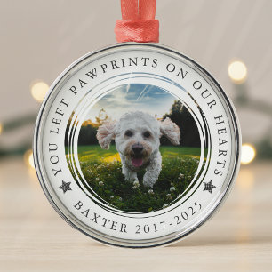 Pet Memorial Photo Pawprints on Our Hearts Metal Ornament