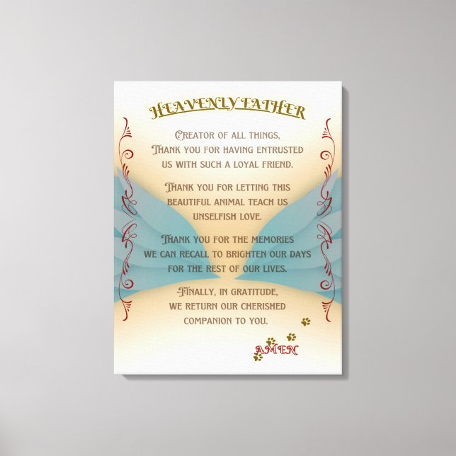 Pet Memorial Prayer, Angel wings and Paws Canvas Print (Front)