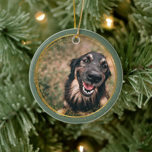 Pet Memorial Sage and Gold Custom Photo Christmas Ceramic Ornament (Tree)