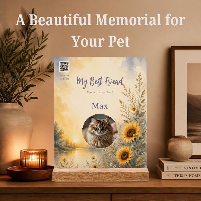 Pet Memorial with Photo & Spotify QR Code Acrylic Sign (Personalized pet memorial with photo and Spotify QR code linking to a comforting grief playlist.)