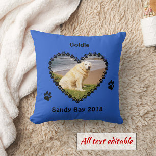 Pet memory paw prints your photo blue throw pillow