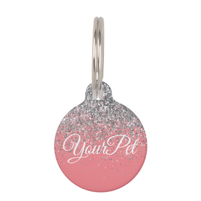 Pet Name & Address Tag Glitter Look Silver Pink (Front)