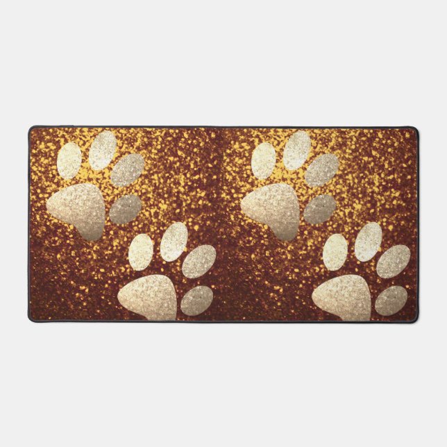 Pet paw gold glitter print on copper glitter desk mat (Front)