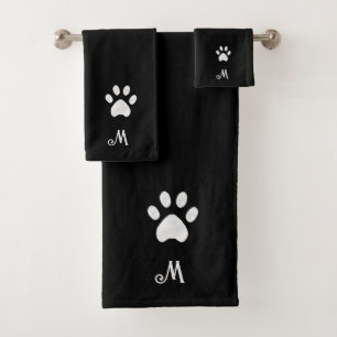 Pet Paw & Monogram on Black Bath Towel Set