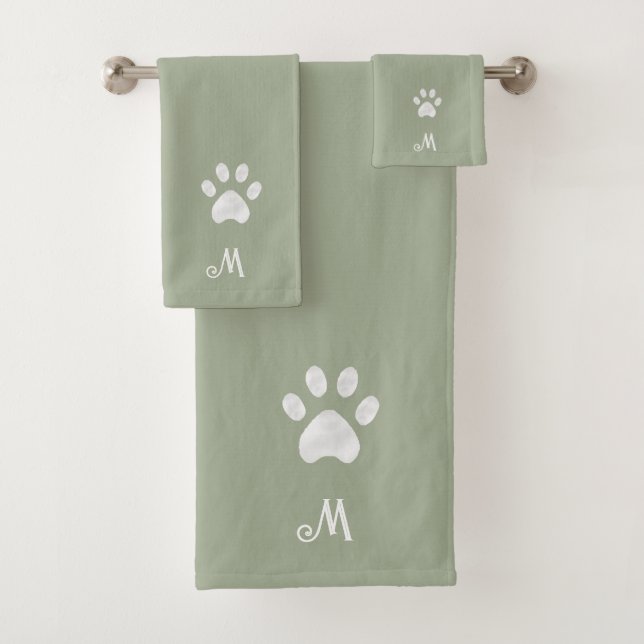 Pet Paw & Monogram on Sage Bath Towel Set (Insitu)