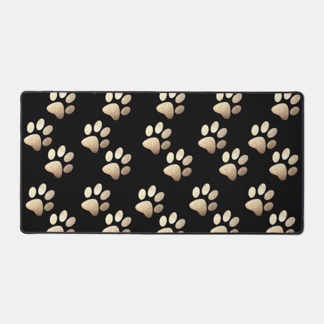 Pet paw ochre glitter print on black background desk mat (Front)