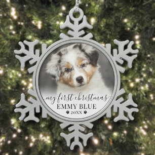 Pet Paw Print Dog Photo First Christmas Snowflake Pewter Christmas Ornament