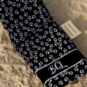 Pet Paw Print Pattern Cat Lover Black Beach Towel