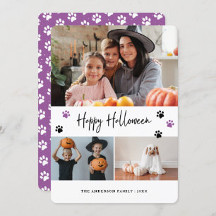 Pet Paw Print Photo Collage Violet Halloween Card