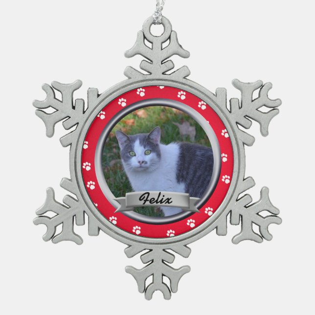 Pet Paw Print Photo Keepsake Snowflake Pewter Christmas Ornament (Front)