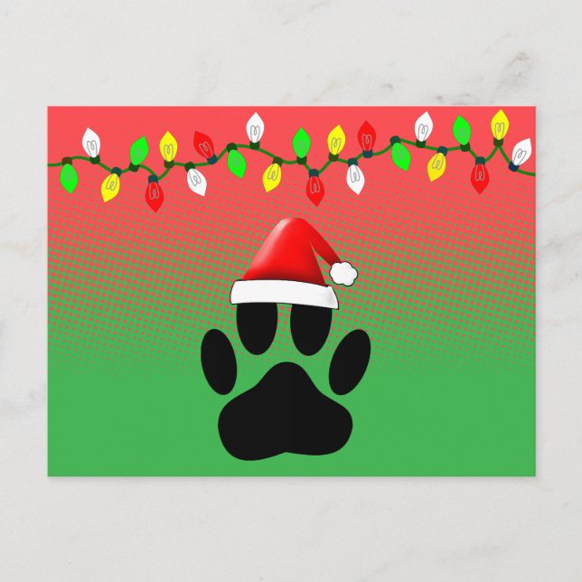 Pet Paw Print Santa Hat Christmas Lights Holiday Postcard (Front)