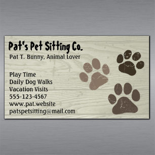 Pet Paw Prints on Faux Wood Magnetic Business Card