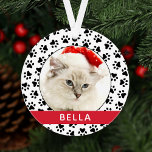 Pet Paw Prints Red Personalized Cat Name Photo Ornament<br><div class="desc">Personalize this stylish paw print Christmas ornament design with your pet cat (or dog) name and a favourite photo of your furry family member. Background includes a modern black and white pet paw print pattern with a festive red accent stripe.</div>