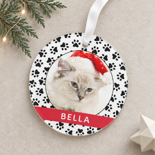 Pet Paw Prints Red Personalized Cat Name Photo Ornament