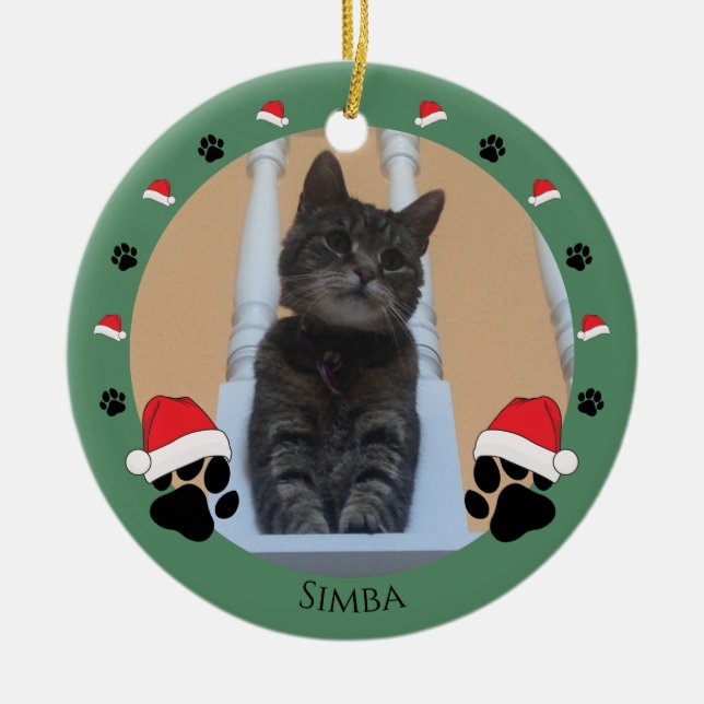 Pet Paw Prints Santa Hat Colourful Personalized Ceramic Ornament (Front)