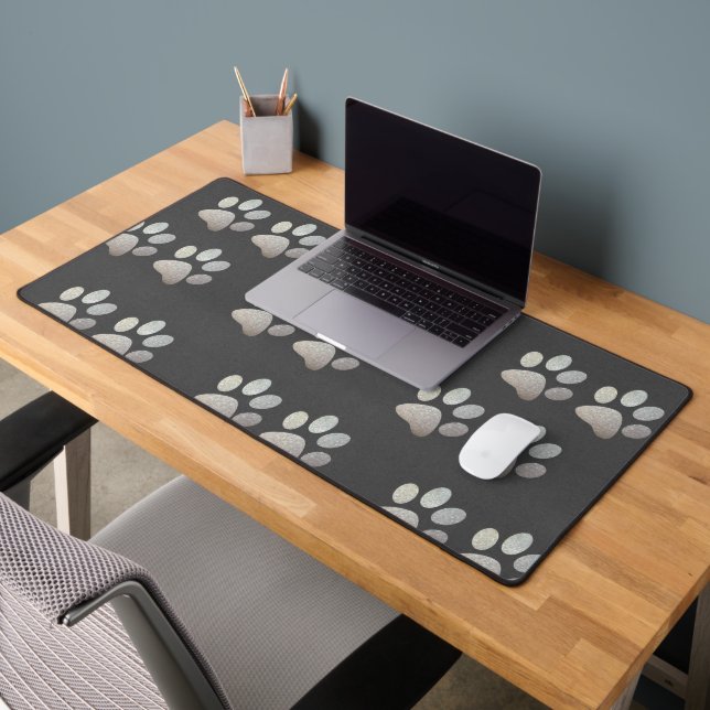 Pet paw silver glitter print on grey background desk mat (Office 2)
