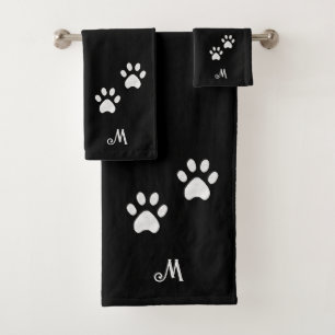 Pet Paws & Monogram on Black Bath Towel Set