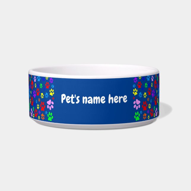 Pet Paws on Blue Ceramic Pet Bowl (Front)