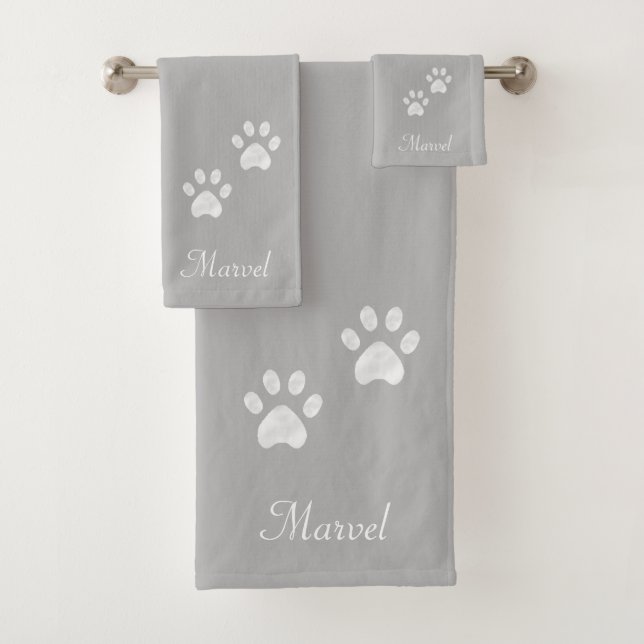Pet Paws on Light Grey Bath Towel Set (Insitu)