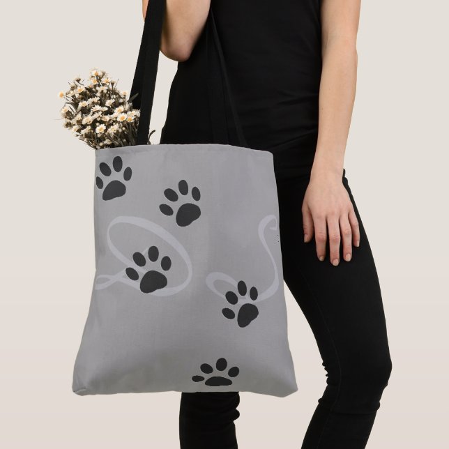 Pet Paws with a pattern of names on grey Tote Bag (Close Up)