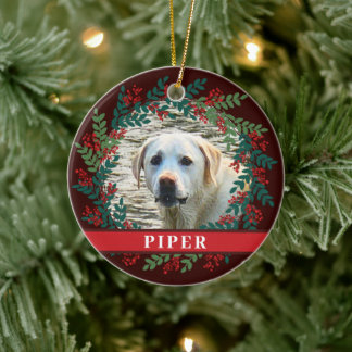 Pet Personalized Brown Photo Christmas Wreath Ceramic Ornament