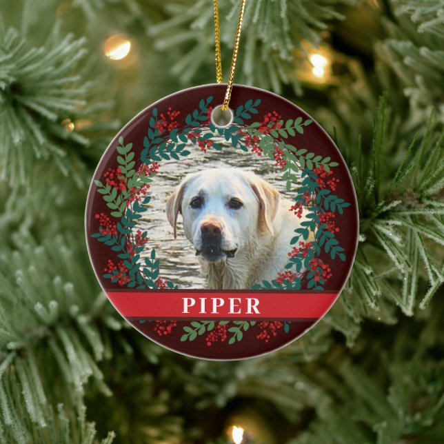 Pet Personalized Brown Photo Christmas Wreath Ceramic Ornament (Tree)