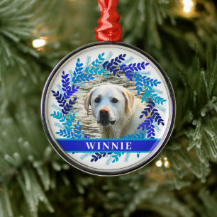 Pet Personalized Photo Christmas Blue Wreath Metal Ornament