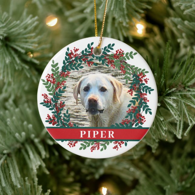 Pet Personalized Photo Christmas Wreath Ceramic Ornament (Tree)