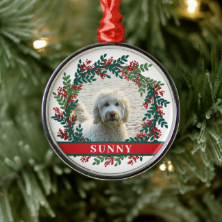 Pet Personalized Photo Christmas Wreath Metal Ornament