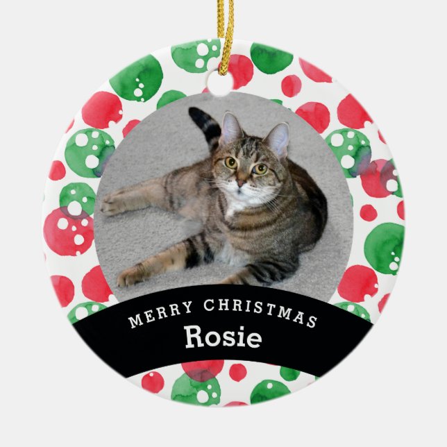Pet Personalized Red Green Watercolor Dots Ceramic Ornament (Front)