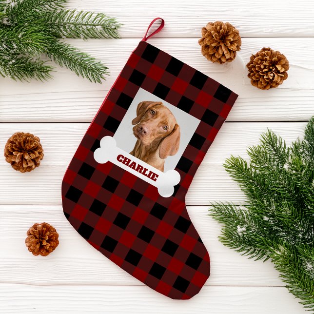 Pet Photo and Dog Bone with Name on Buffalo Plaid Small Christmas Stocking (Creator Uploaded)