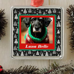 Pet Photo and Name Framed with Black & White Trees Metal Ornament<br><div class="desc">Show your love for your furry friend with this personalized ornament with your pet's photo and name. The photo is bordered in red and green, and surrounded by whimsical black and white trees. Your pet's name appears in white against the red border. Make sure to replace the photo with your...</div>