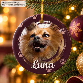 Pet Photo and Name Paw Print Christmas Keepsake Ceramic Ornament