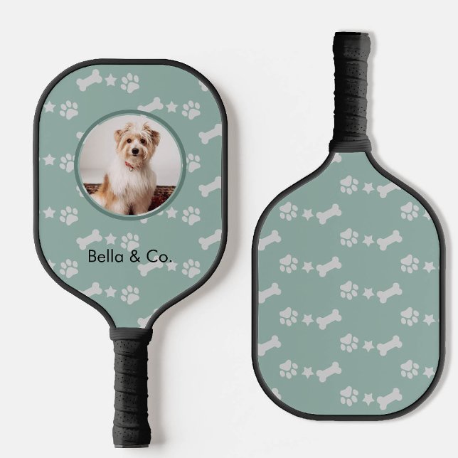 Pet Photo Bone Paw Pattern Sage Green Personalized Pickleball Paddle (pickleball gift for her dog mom pet photo bone star paw print sage green personalized name)