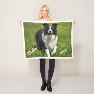 Pet Photo Border Collie White Text Personalize Fleece Blanket