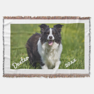 Pet Photo Border Collie White Text Personalize Throw Blanket