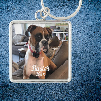 Pet Photo Boxer White Typography Personalize Keychain