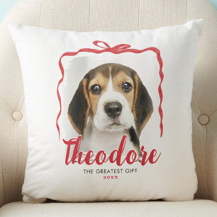 Pet Photo Christmas Red Bow Holiday Keepsake Throw Pillow